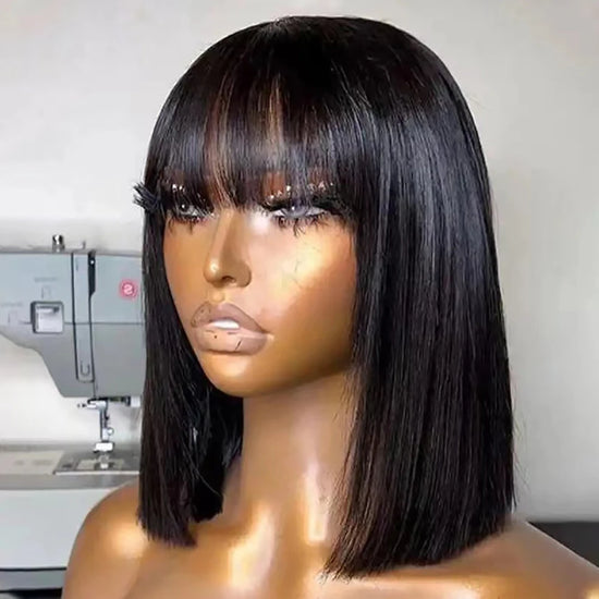 180% Density Straight Bob Wig with Bangs Short Full Machine Made Human Hair Wig Natural Bob Human Hair Wig with Bangs for Women