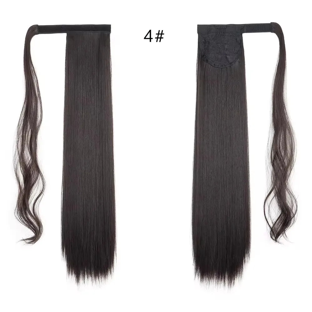 23 Inch Long Straight Ponytail Hair Clip In Synthetic Extensions Heat Resistant Hair Wrap Around Pony Hair Piece For Women