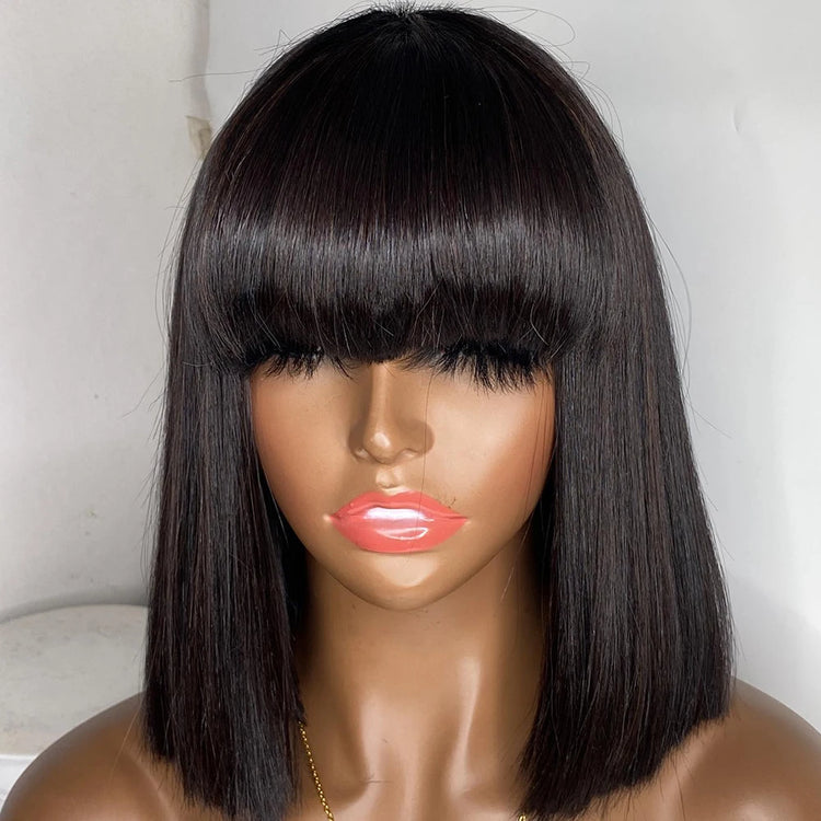 180% Density Straight Bob Wig with Bangs Short Full Machine Made Human Hair Wig Natural Bob Human Hair Wig with Bangs for Women