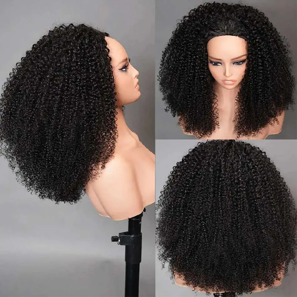 Kinky Curly Half Wig Human Hair Wear and Go Seamless Water Wave 3 in 1 Half Wig Glueless Headband Clip in Wig No Sew in Black