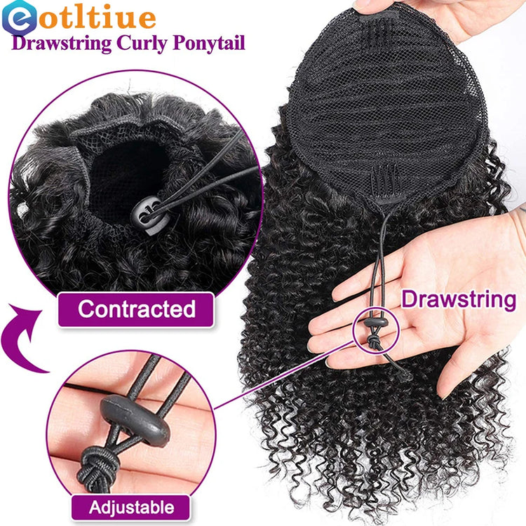Ponytail Human Hair Kinky Curly Ponytail Brazilian Drawstring Ponytail Clip in Hair Extensions Remy Human Hair Curly Hair Tail