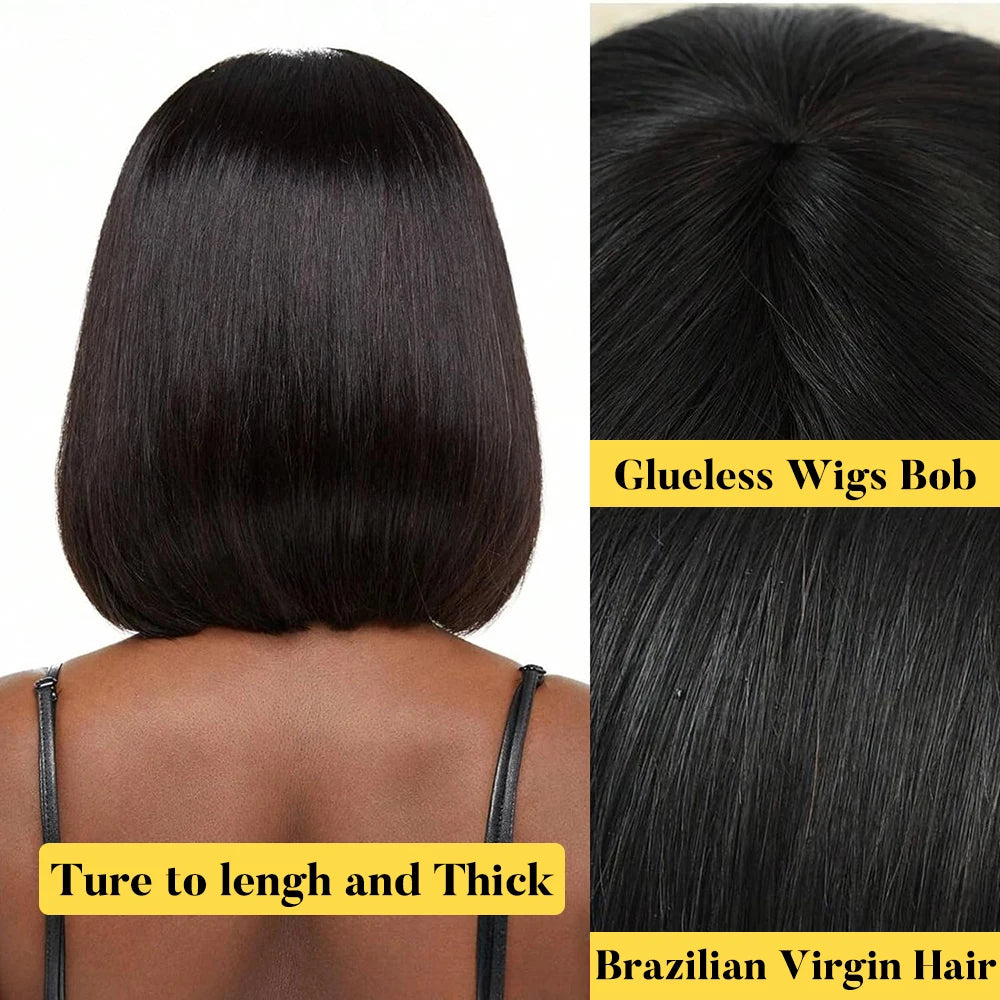 180% Density Straight Bob Wig with Bangs Short Full Machine Made Human Hair Wig Natural Bob Human Hair Wig with Bangs for Women