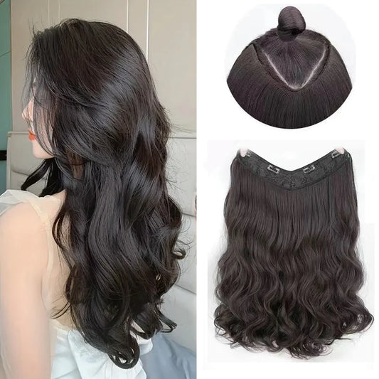 Sunslymei 22Inch Synthetic Women's V-shaped 4 Clips One Piece Water Wave Long Curly In Hair Extensions Hair Pieces