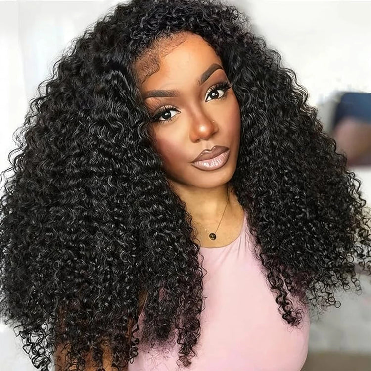 Kinky Curly Half Wig Human Hair Wear and Go Seamless Water Wave 3 in 1 Half Wig Glueless Headband Clip in Wig No Sew in Black