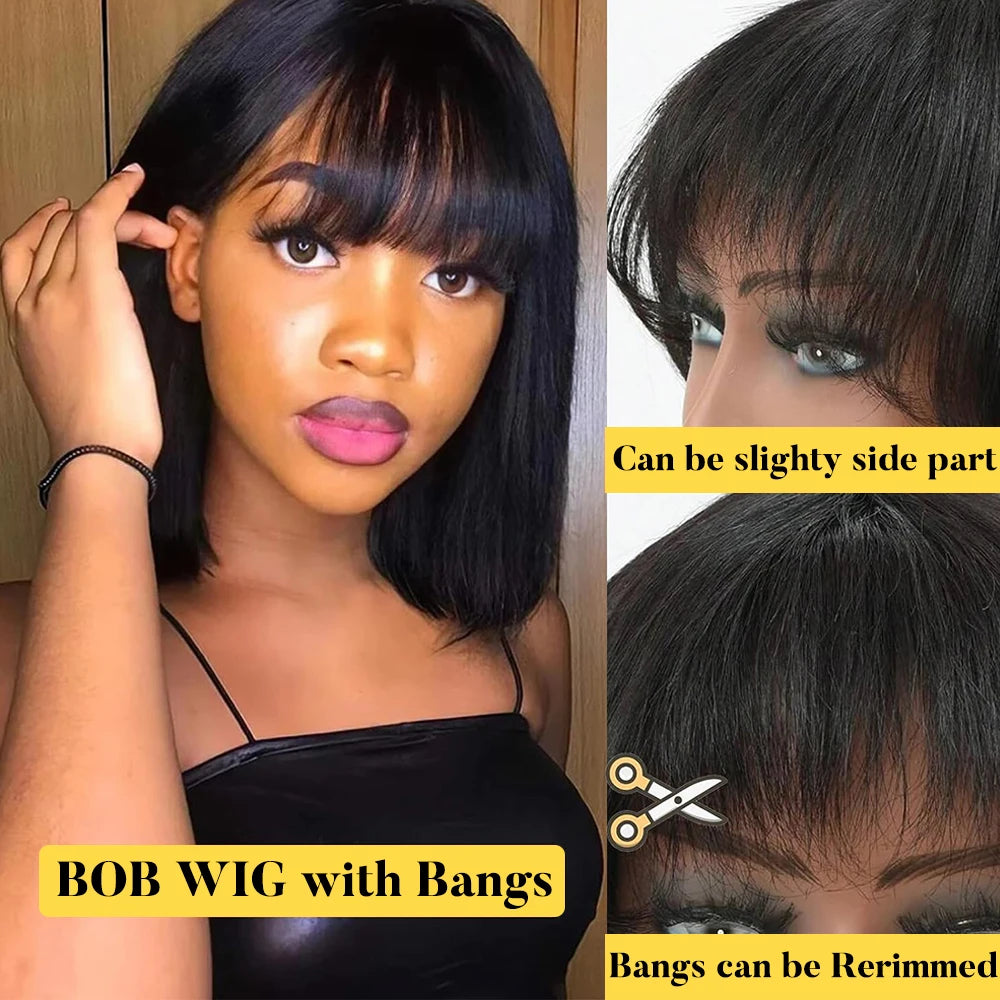 180% Density Straight Bob Wig with Bangs Short Full Machine Made Human Hair Wig Natural Bob Human Hair Wig with Bangs for Women