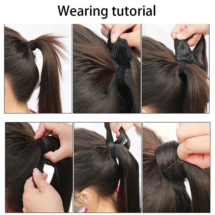 23 Inch Long Straight Ponytail Hair Clip In Synthetic Extensions Heat Resistant Hair Wrap Around Pony Hair Piece For Women