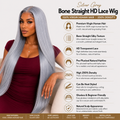 Silver Grey Bone Straight Glueless HD Lace Human Hair Wig - Premium 250% density for a flawless high-fashion look.