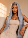Silver Grey Bone Straight Glueless HD Lace Human Hair Wig - Premium 250% density for a flawless high-fashion look.