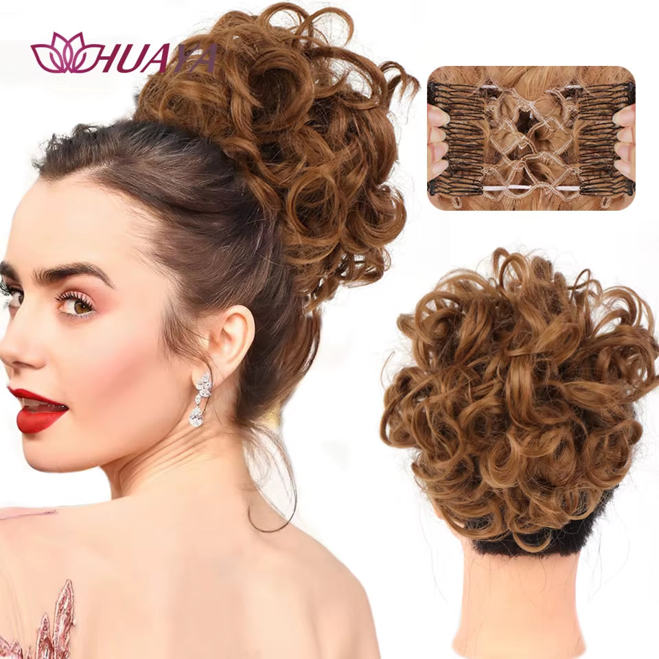 HUAYA Curly Chignon Messy Bun Updo Clip in Hair Piece Extensions Wiht Hairpins Elastic Band Synthetic Hair Bun Black Blonde