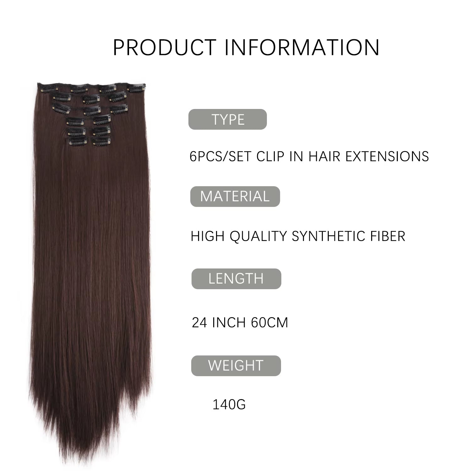24-Inch Synthetic Clip-In Hair Extensions 6Pcs Straight Hairpieces