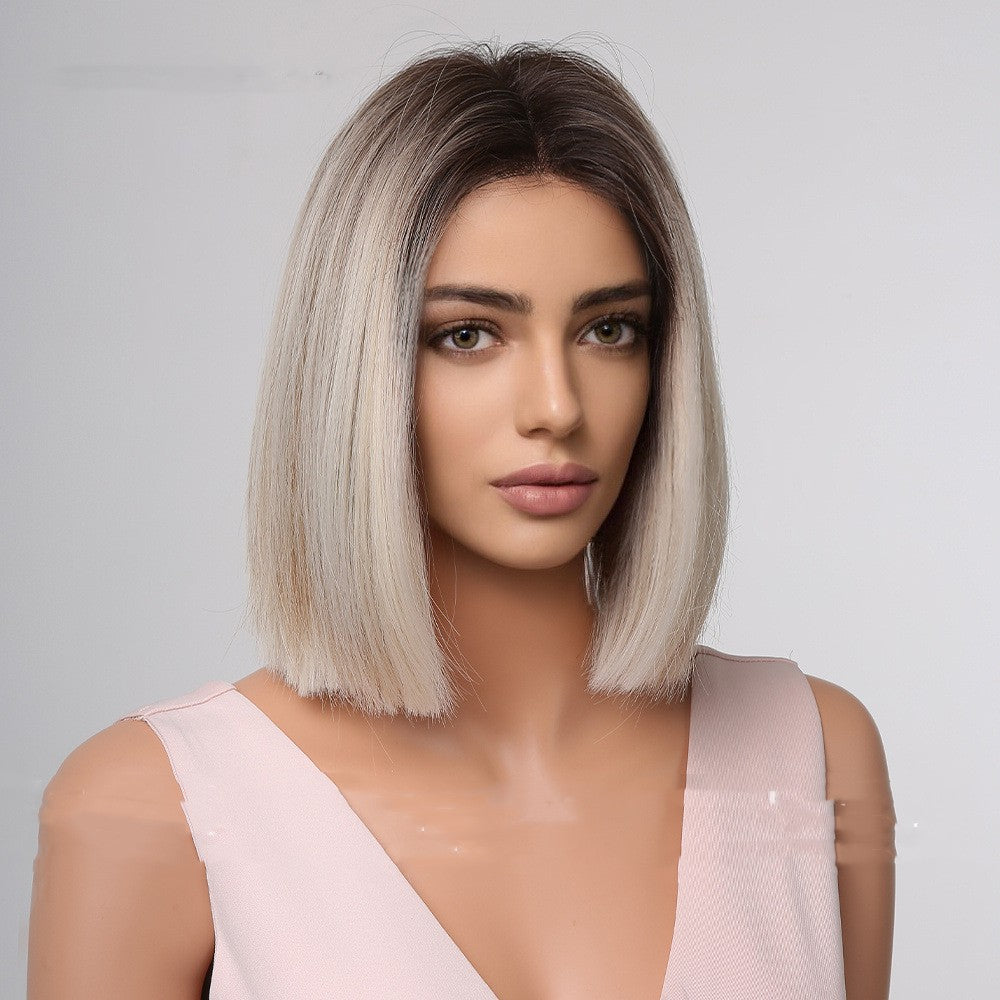 Short Straight Grey Hair Wig with Middle Part