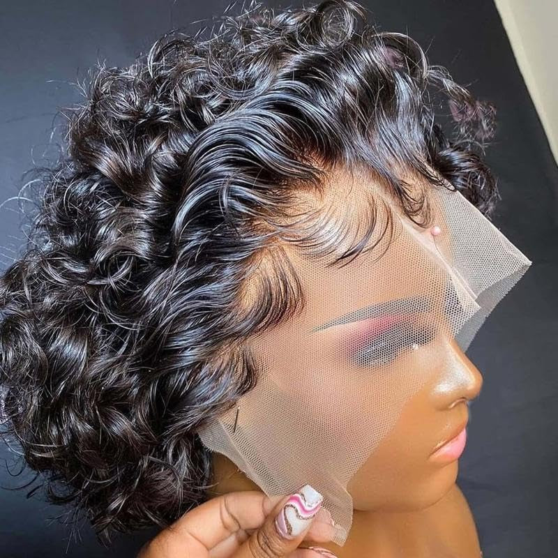 Short Pixie Cut Curly Lace Front Wigs Brazilian Remy Colored Human Hair Ombre Human Hair Wig HD Lace Front Wigs Pre Plucked 1 Inch Hairline Water Wave Pixie Cut Wigs for Black Women (