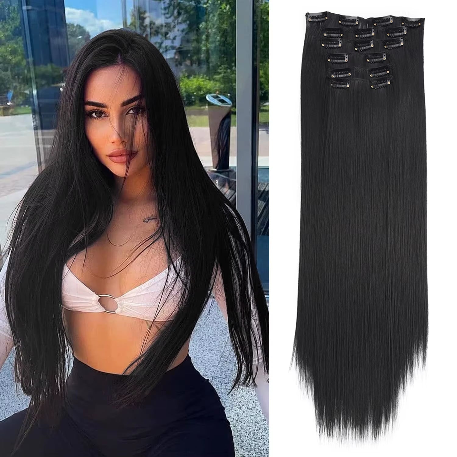 24-Inch Synthetic Clip-In Hair Extensions 6Pcs Straight Hairpieces