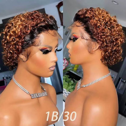 99J Burgundy Highlight Honey Colored Short Curly Pixie Cut Lace Wig Pre Plucked Bob Wig 13X2 Lace Front Curly Human Hair Wigs