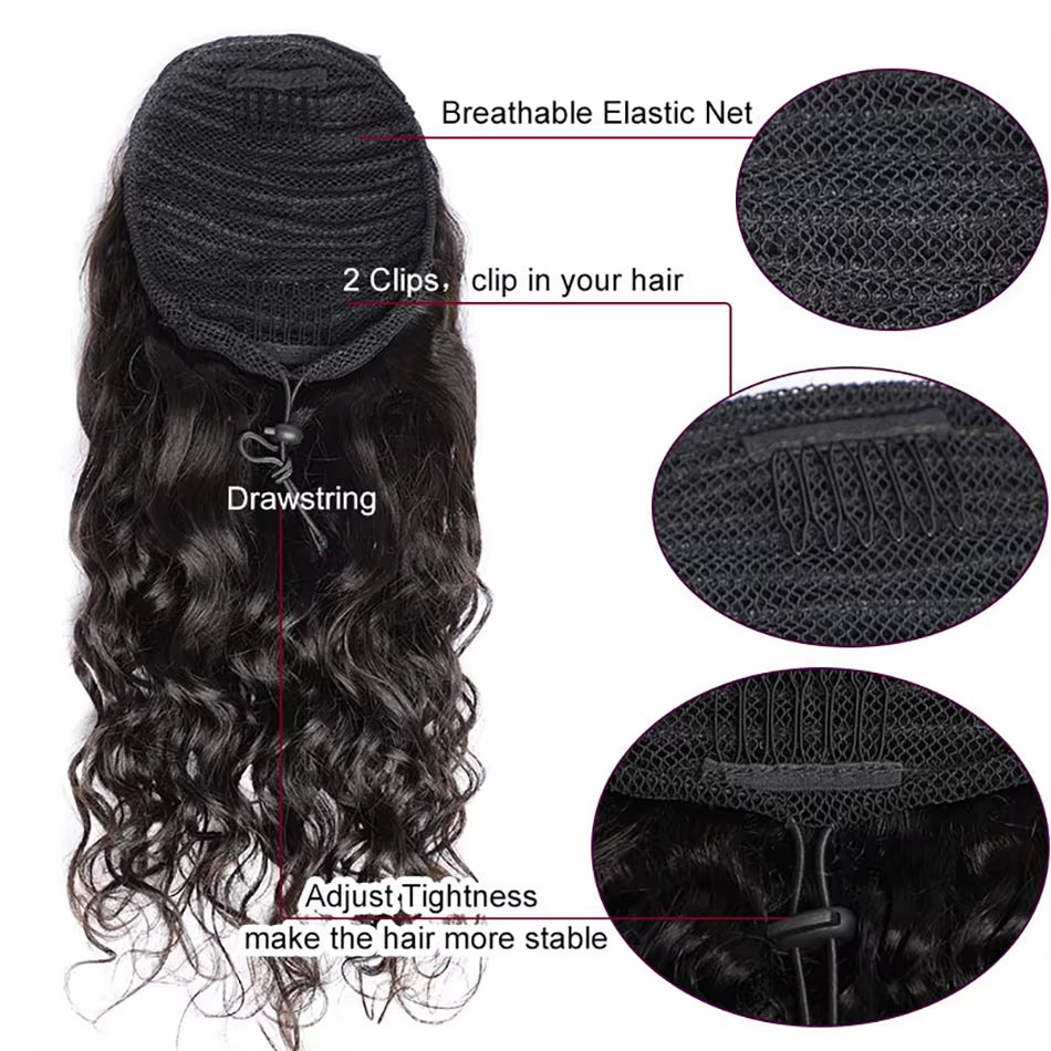 Water Wave Wrap-Around Drawstring Human Hair Ponytail Extension
