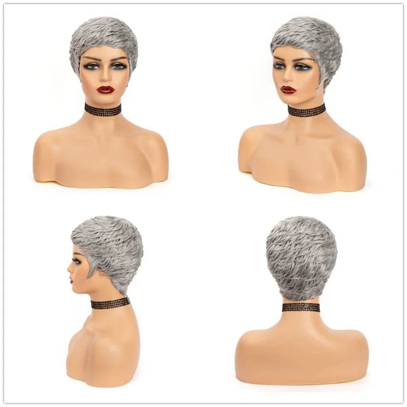 2 Inch Light Gray Short Curly Human Hair Full Machine Wig Glueless Comfortable Fit for Black Women Daily Wear Mature Hairstyles