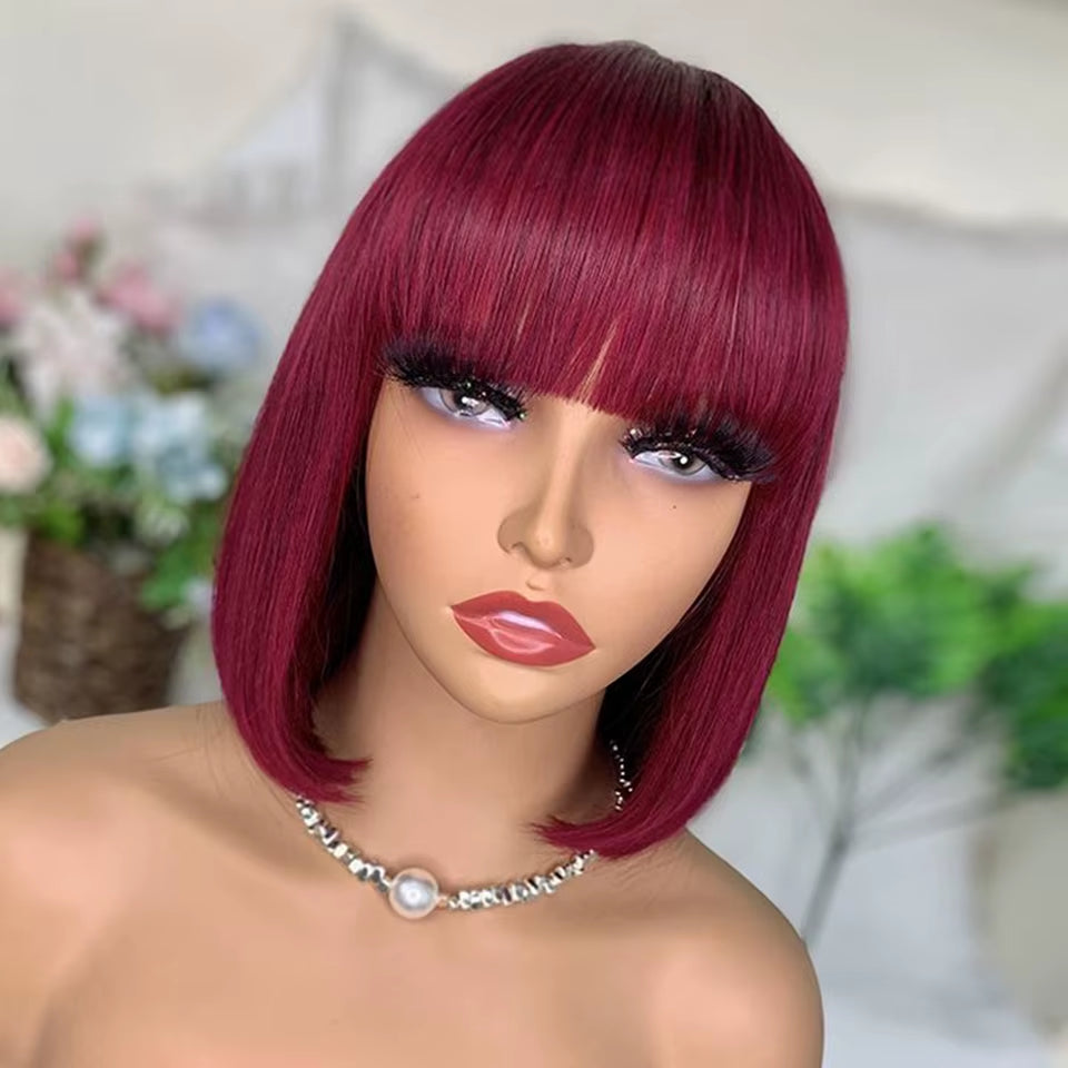 99J Burgundy Red Short Bob Human Hair Wig with Bangs