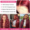 99J Lace Front Wigs Human Hair 180 Density HD Transparent Lace Human Hair Wig 13X4 Straight Human Hair Wigs with Baby Hair Virgin Human Hair Pre Plucked Natural Hairline (20Inch, Burgundy)