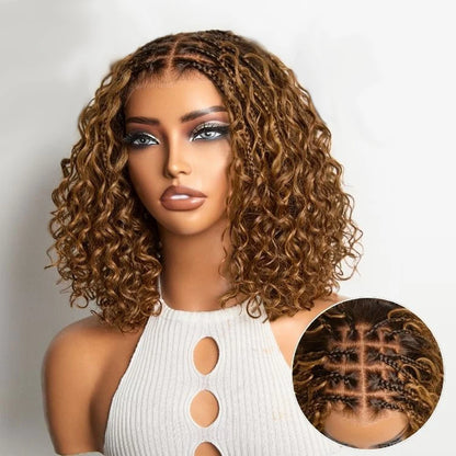 Tedhair 150% Density 5X5 Closure Lace with Boho Braids Pre-Cut Glueless Lace Wig Ombre Brown Highlight Curly