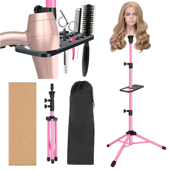 50 Inch Adjustable Wig Tripod Stand with Tool Tray for Hairdressing Training - Pink