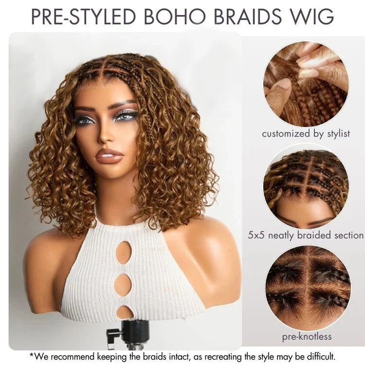 Tedhair 150% Density 5X5 Closure Lace with Boho Braids Pre-Cut Glueless Lace Wig Ombre Brown Highlight Curly