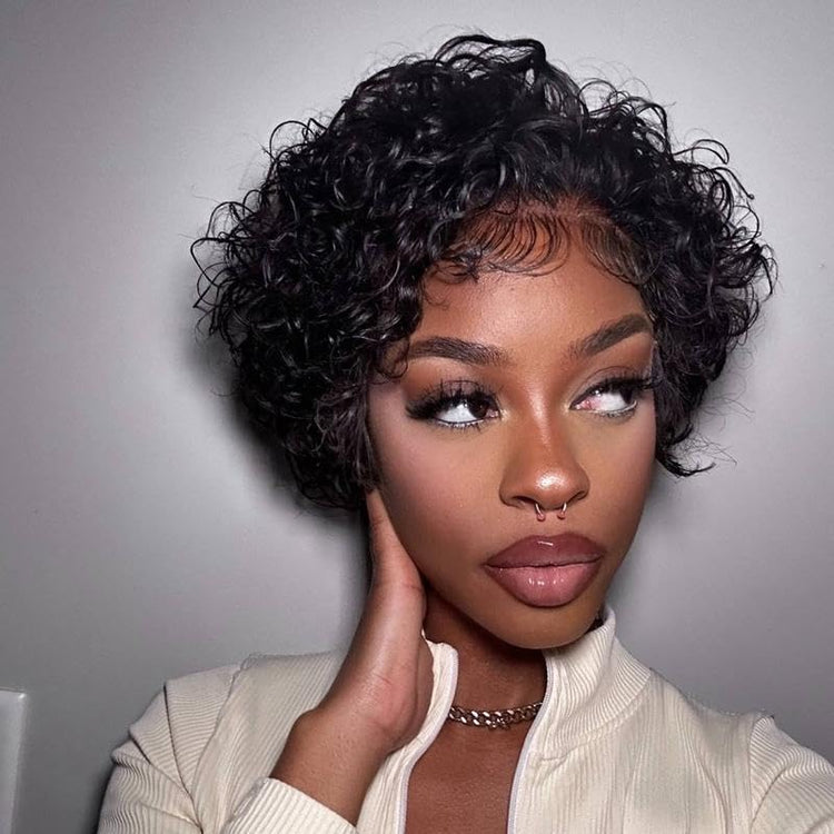 Short Pixie Cut Curly Lace Front Wigs Brazilian Remy Colored Human Hair Ombre Human Hair Wig HD Lace Front Wigs Pre Plucked 1 Inch Hairline Water Wave Pixie Cut Wigs for Black Women (