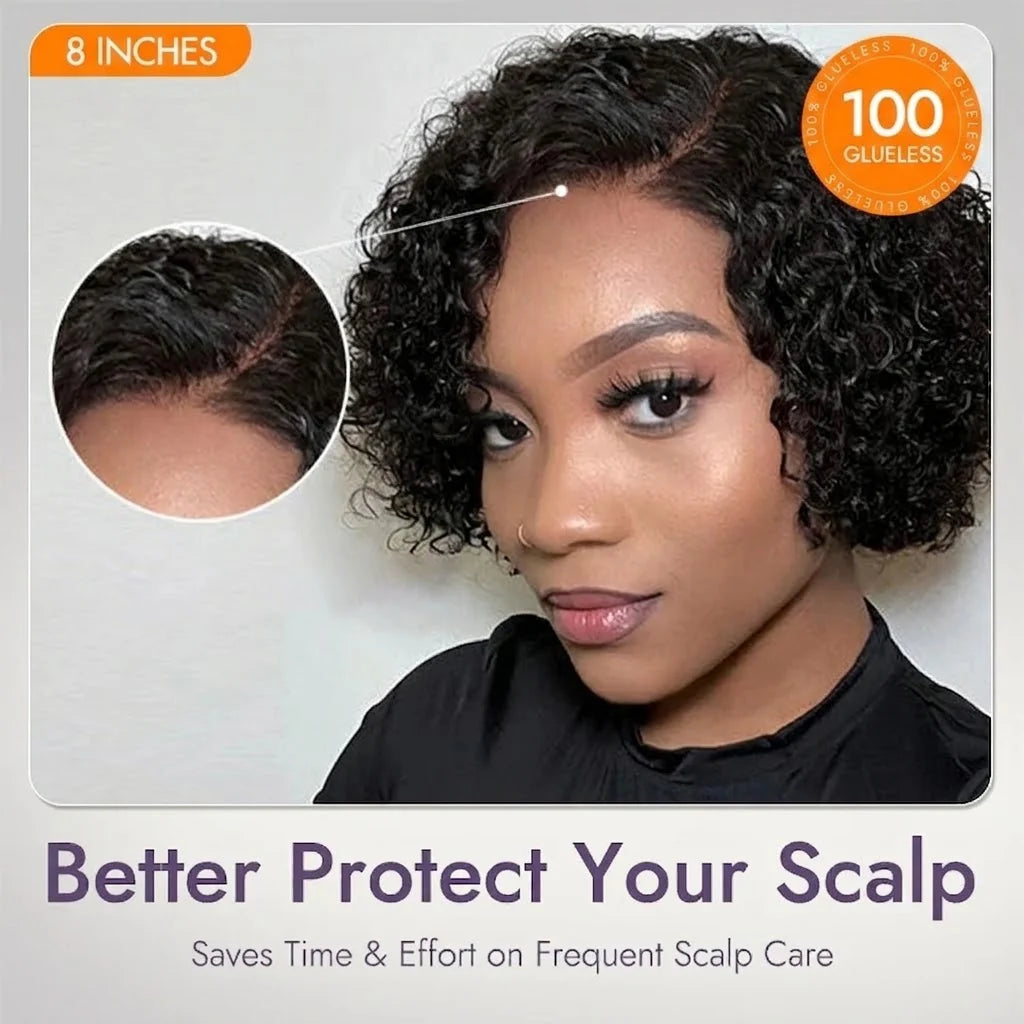 Tedhair 150% Density Trendy Short Cut Minimalist HD Lace Glueless Side Part Wig Kinky Curly