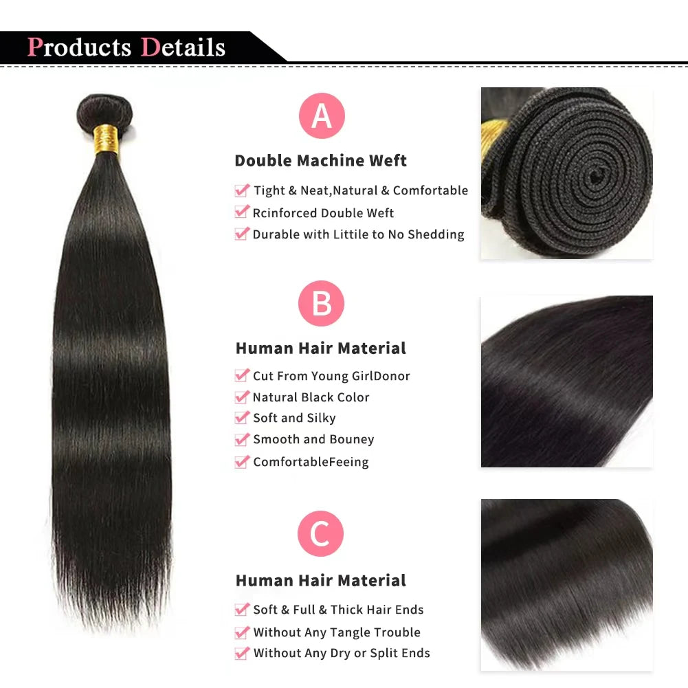 Natural Color Straight Human Hair Bundles 14-30 Inches Brazilian 1 3 4 Bundle Remy Human Hair Extensions Double Weft