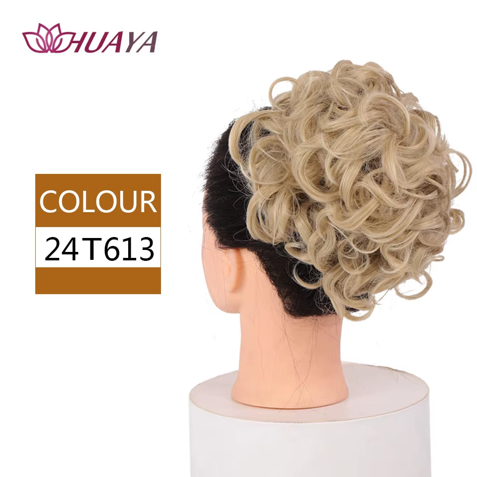 HUAYA Curly Chignon Messy Bun Updo Clip in Hair Piece Extensions Wiht Hairpins Elastic Band Synthetic Hair Bun Black Blonde