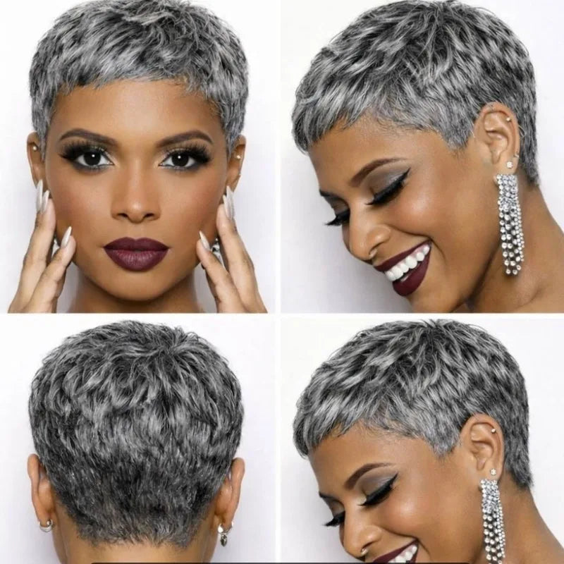 2 Inch Light Gray Short Curly Human Hair Full Machine Wig Glueless Comfortable Fit for Black Women Daily Wear Mature Hairstyles